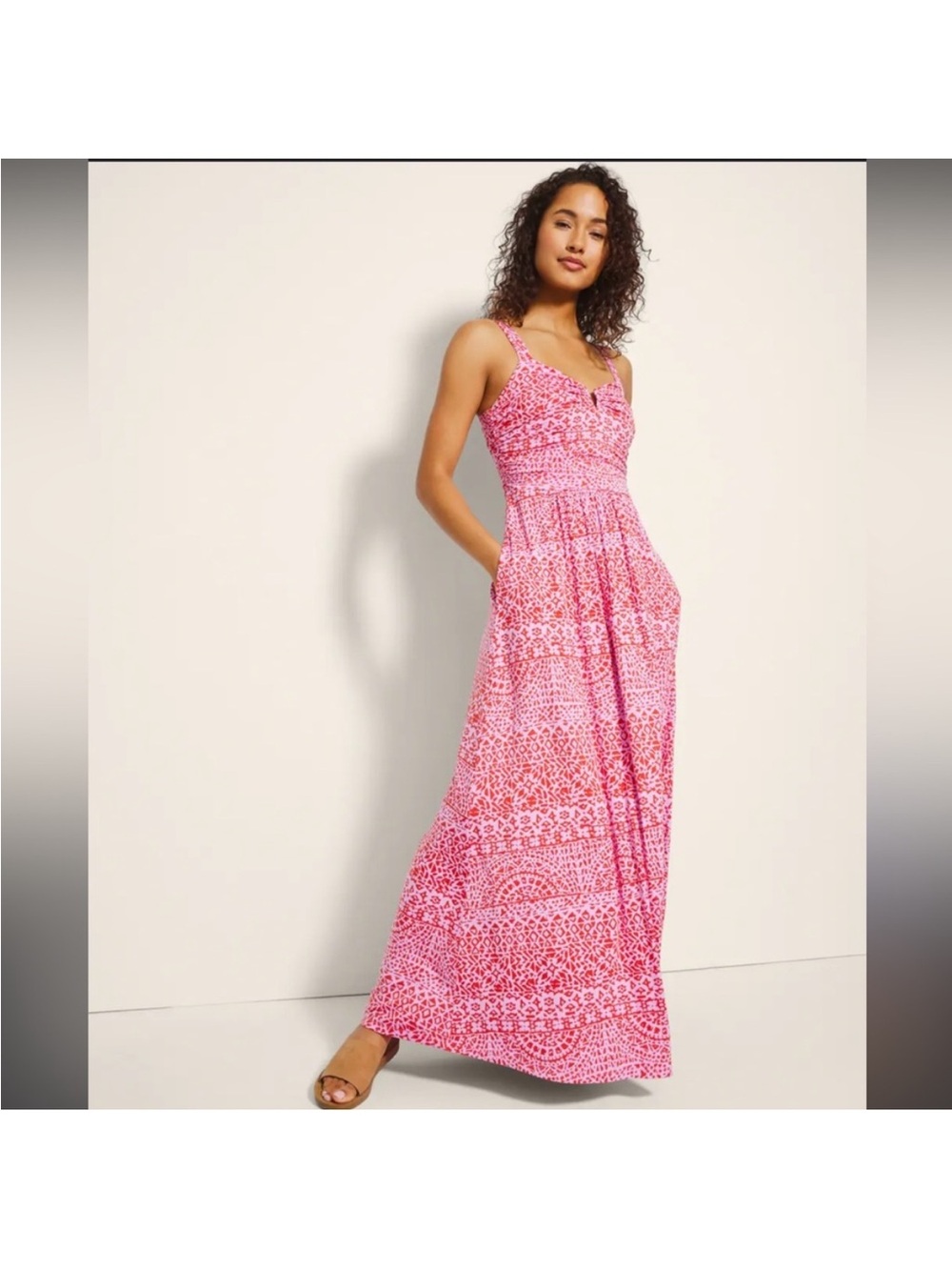 Soma Pink Printed Maxi Dress with Smocked Bodice and Pockets